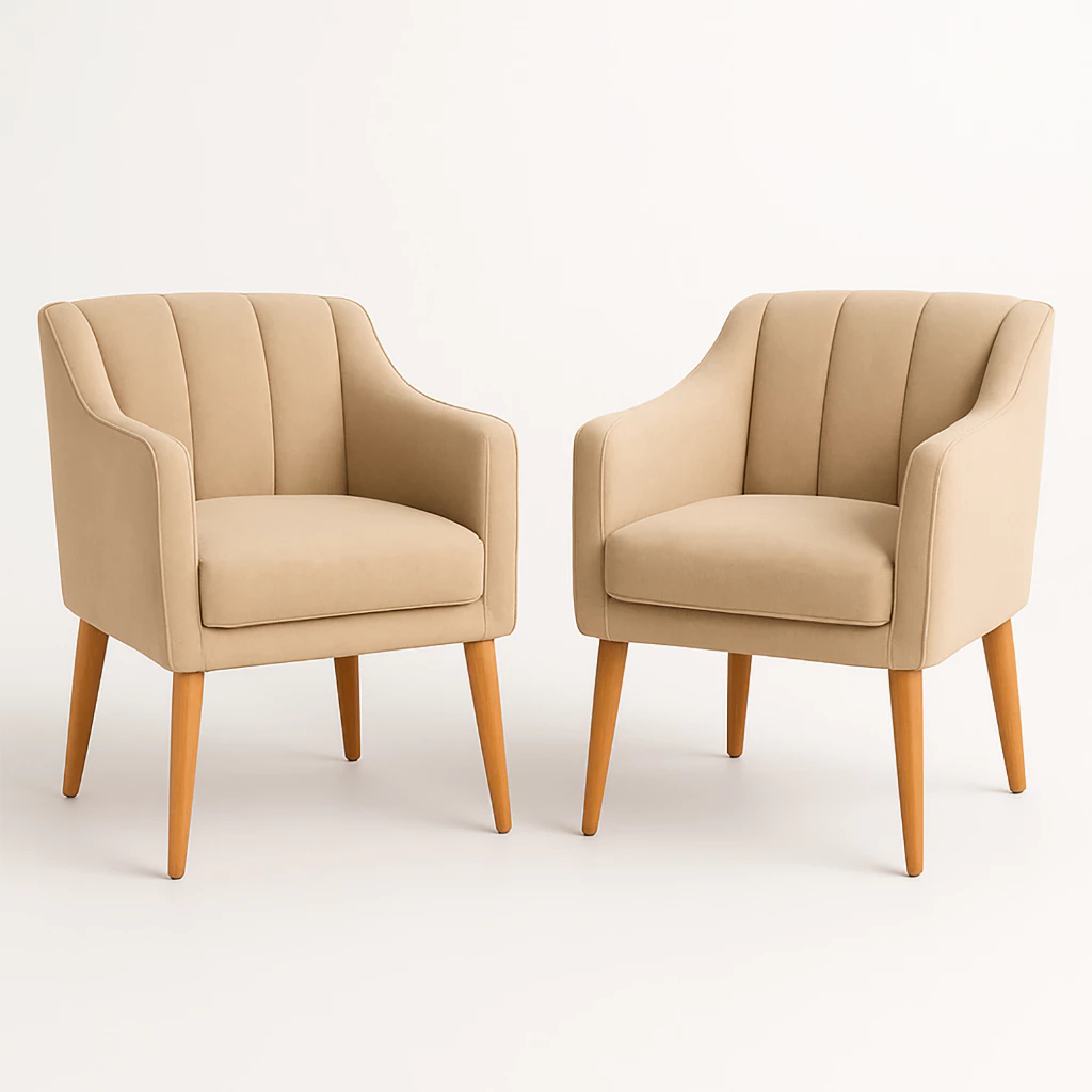 Kit 2 poltronas Mila estofadas em suede bege com pés de madeira para sala moderna — foto 1