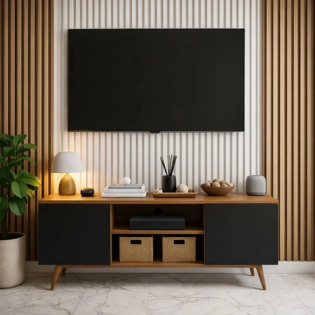 Rack para TV até 50 polegadas com portas laterais e nichos centrais 120cm madeira preto