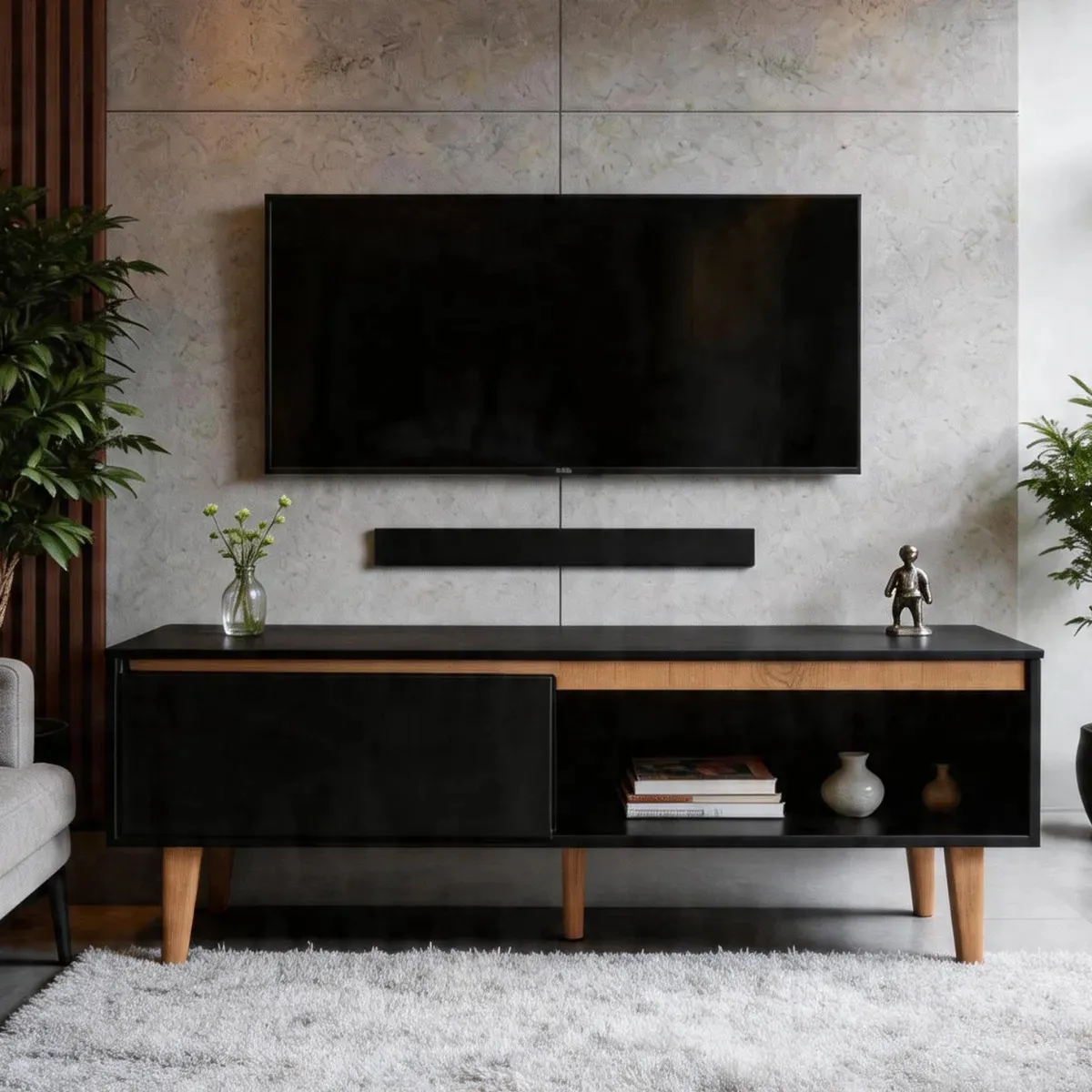 Rack TV modular de 130cm em MDF com puxador cava nas cores preto e amadeirado modelo Berlin da By House — foto 1