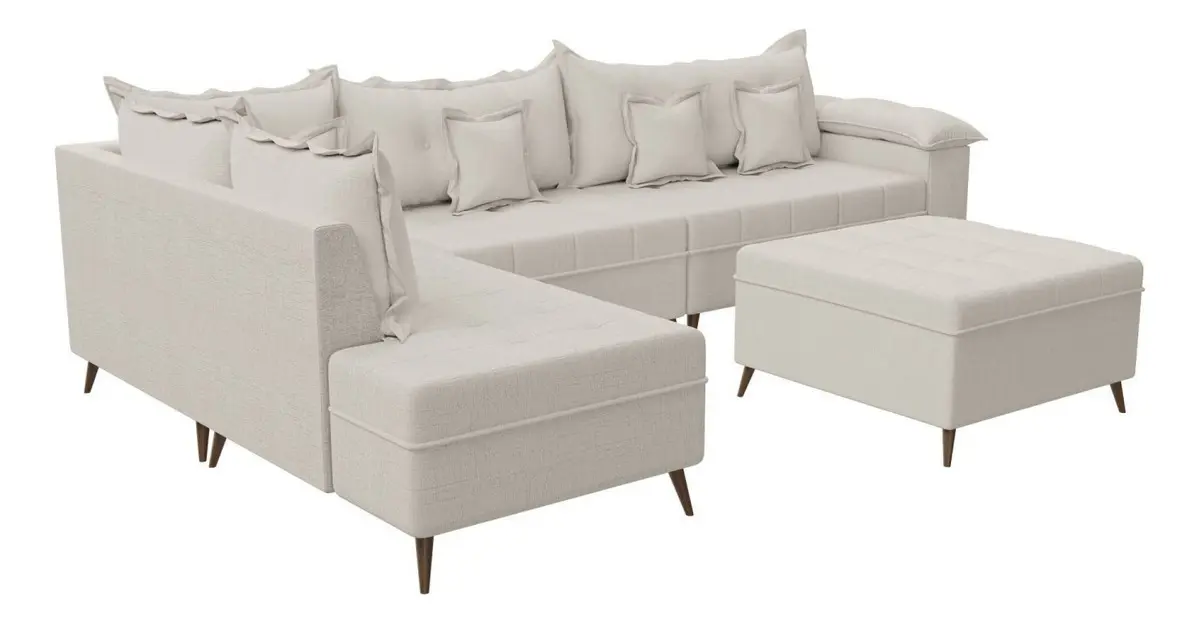 Sofá de canto 9 lugares com puff na cor branca modelo Cancun Montreal com design contemporâneo e estrutura firme