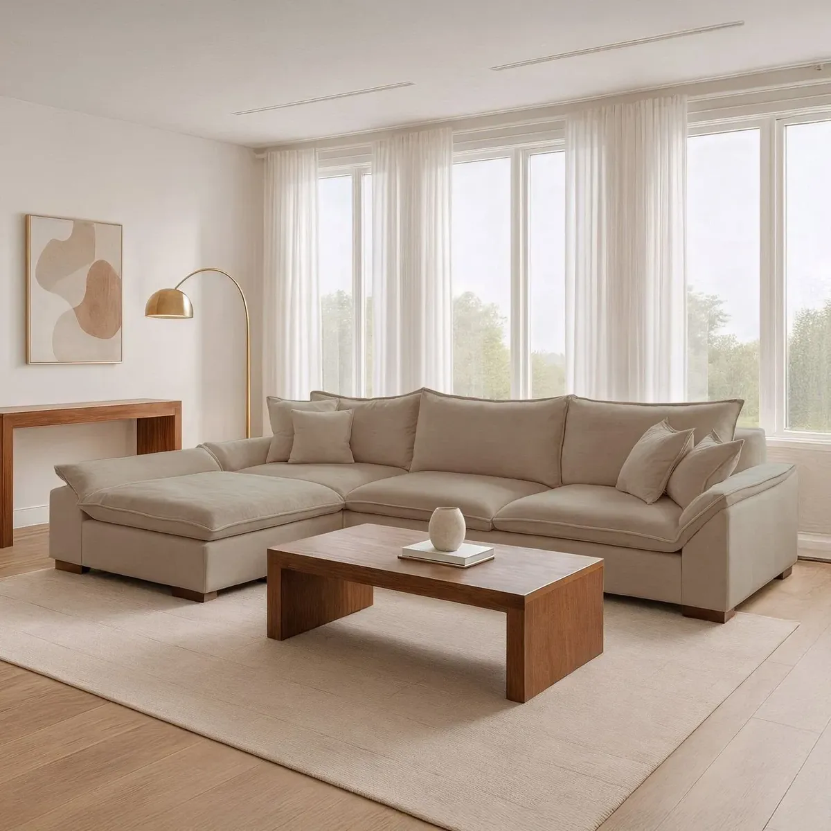 Sofá de canto modulado com chaise 6 lugares linho bege 320cm Dominique Yescasa estrutura em madeira de eucalipto e assento pillow top