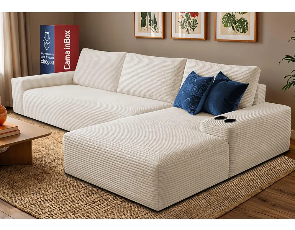 Sofá modular Evo 2,70m com chaise direita na cor creme, tecnologia Boost Tech com molas ensacadas e espuma D33 da Cama inBox
