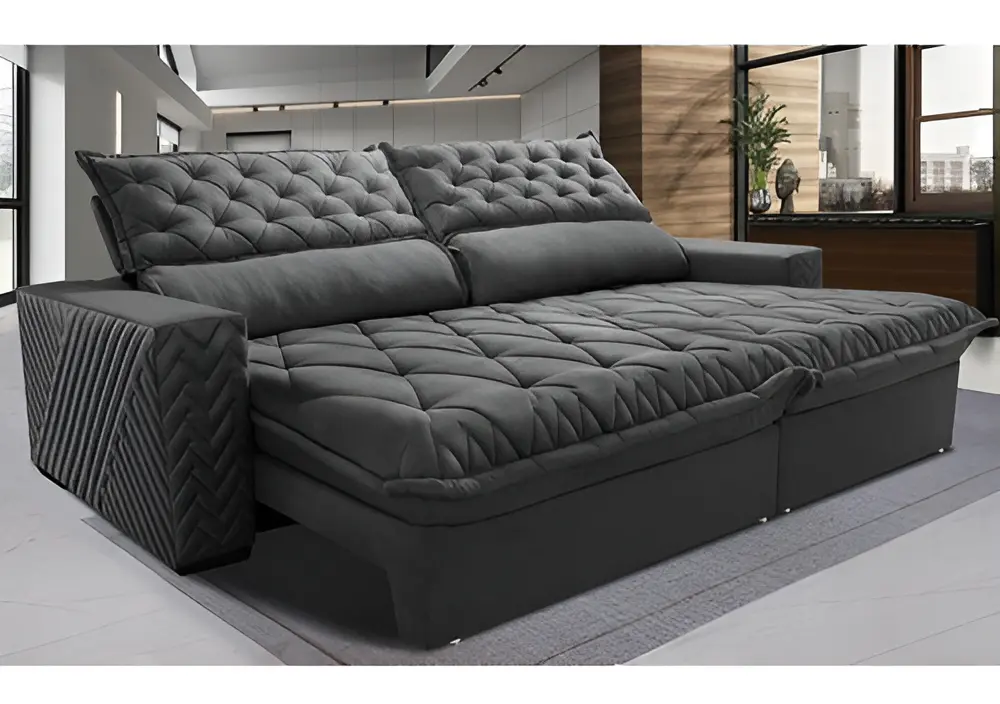 Sofá retrátil e reclinável de 2,75m em veludo cinza com molas ensacadas modelo Spazus da Cama Inbox — foto 1