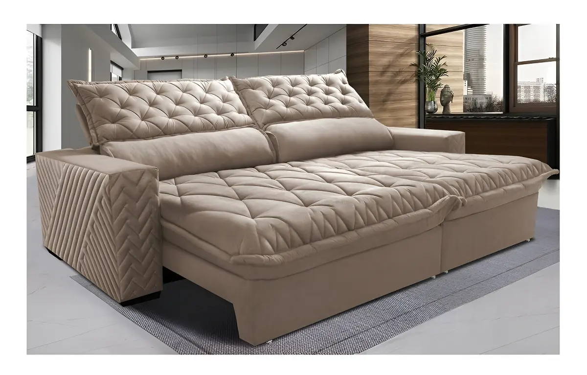 Sofá retrátil e reclinável de 3,15m em veludo bege com bordado 3D modelo Spazus da Cama Inbox — foto 1