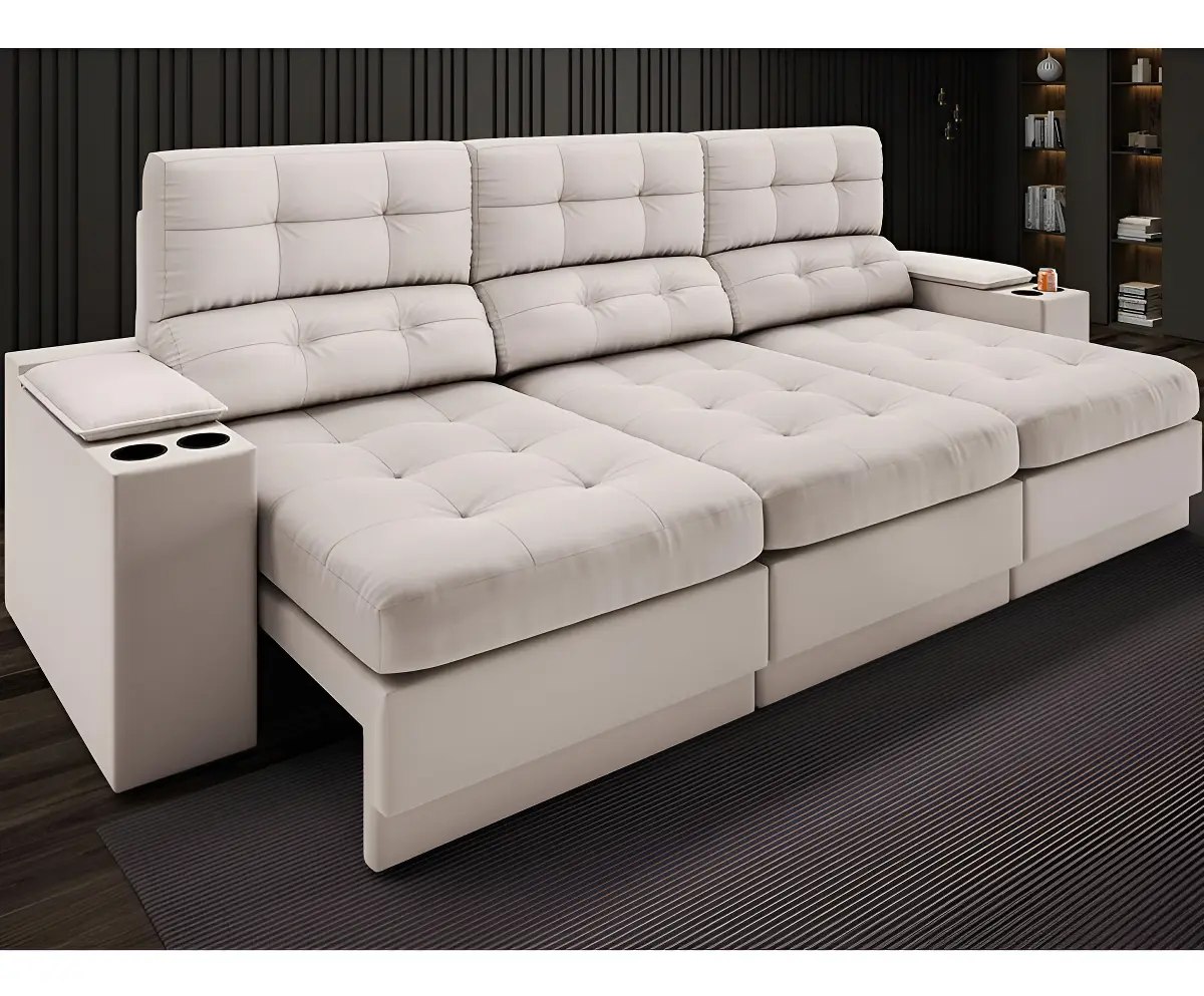 Sofá retrátil reclinável de 4 lugares e 2,30m em veludo areia modelo Eureka com USB e porta-copos da Netsofas — foto 1